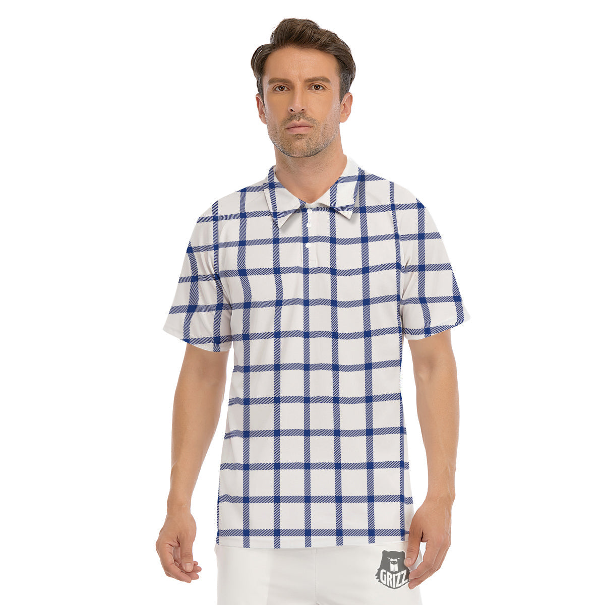 Tattersall Blue And White Print Pattern Men's Golf Shirts-grizzshop