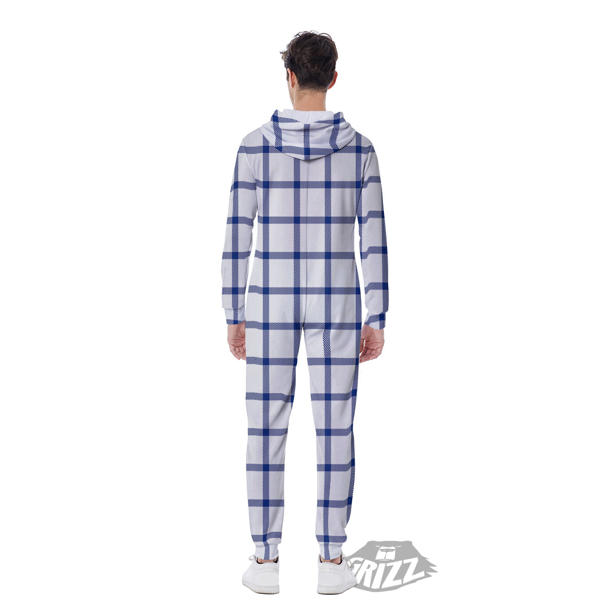 Tattersall Blue And White Print Pattern Men's Jumpsuit-grizzshop