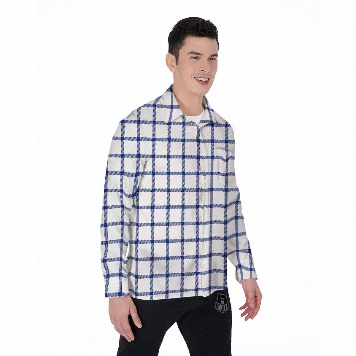 Tattersall Blue And White Print Pattern Men's Long Sleeve Shirts-grizzshop