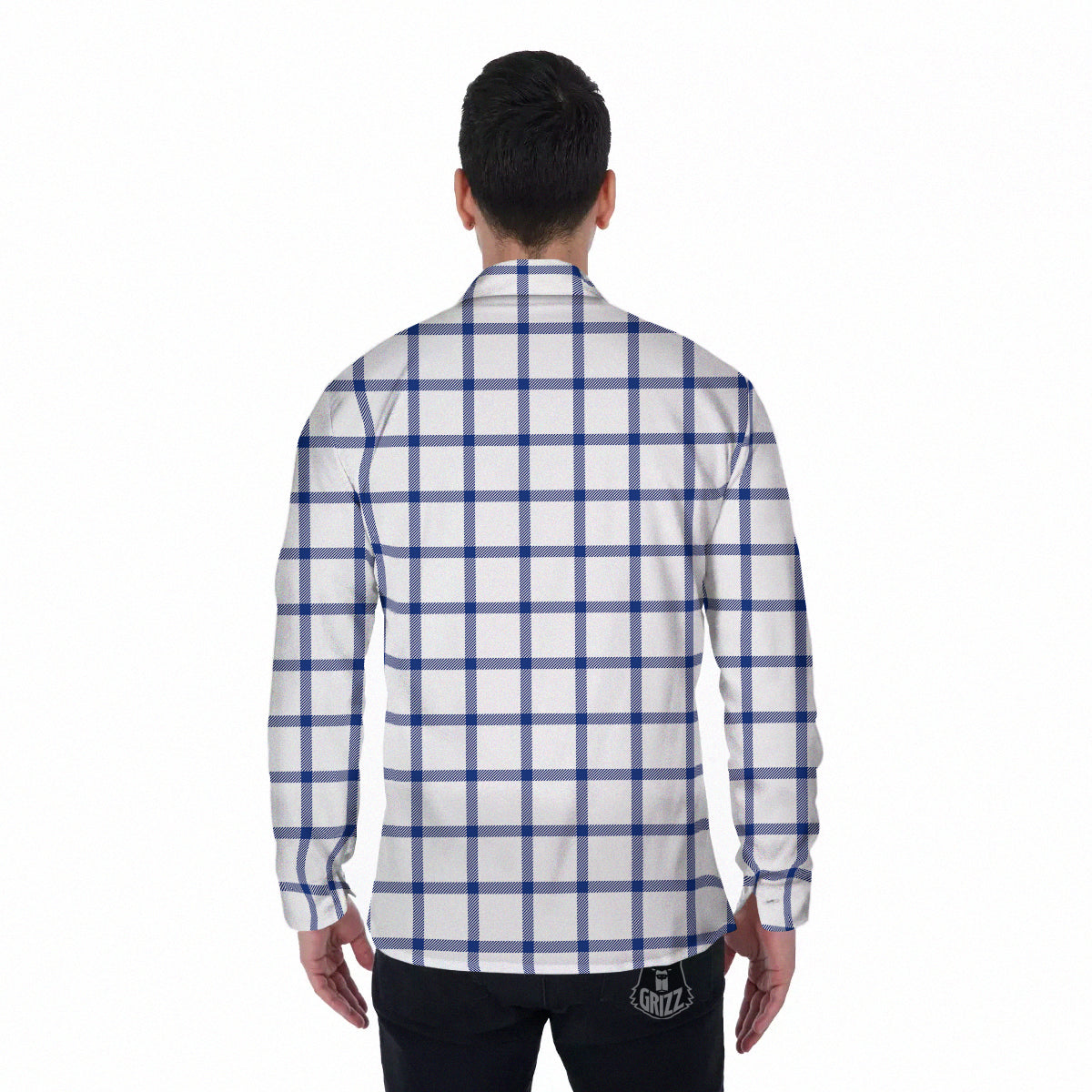 Tattersall Blue And White Print Pattern Men's Long Sleeve Shirts-grizzshop