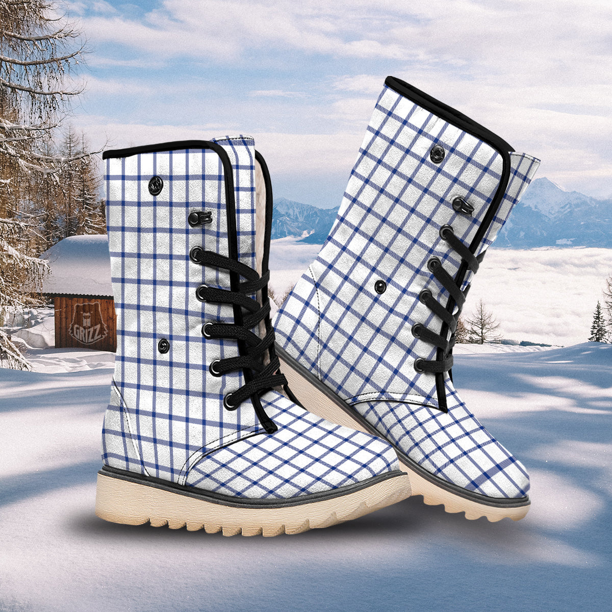 Tattersall Blue And White Print Pattern Snow Boots-grizzshop