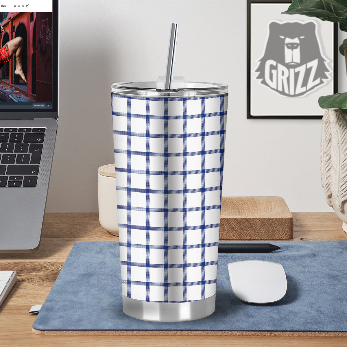 Tattersall Blue And White Print Pattern Tumbler-grizzshop