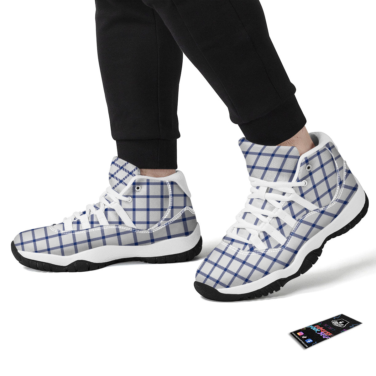 Tattersall Blue And White Print Pattern White Bball Shoes-grizzshop