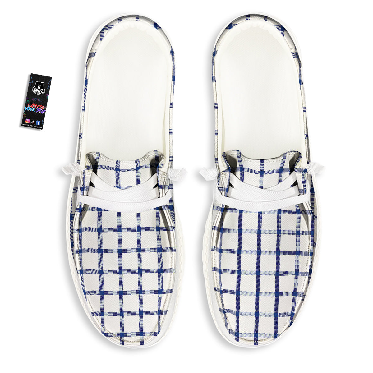 Tattersall Blue And White Print Pattern White Loafers-grizzshop