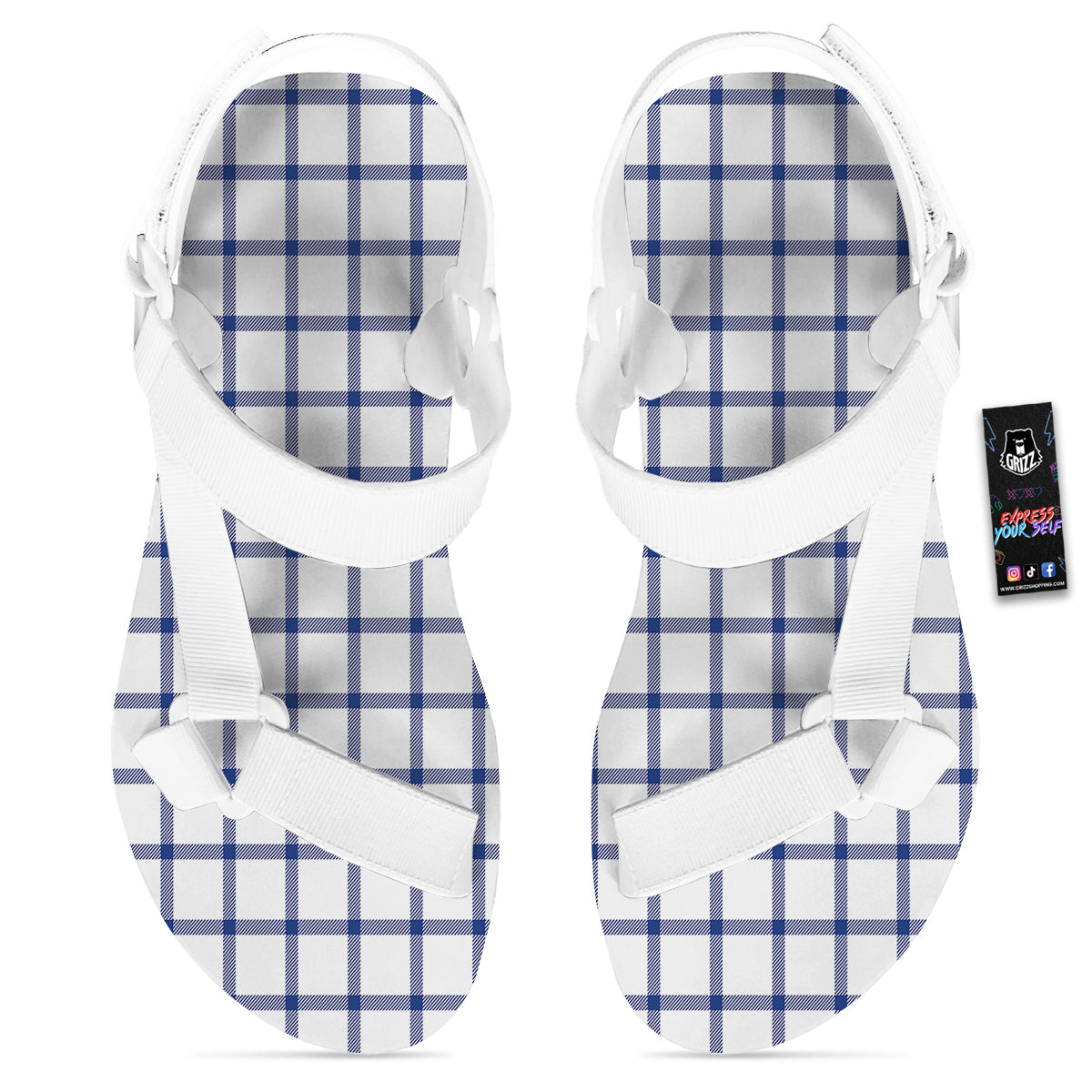 Tattersall Blue And White Print Pattern White Open Toe Sandals-grizzshop