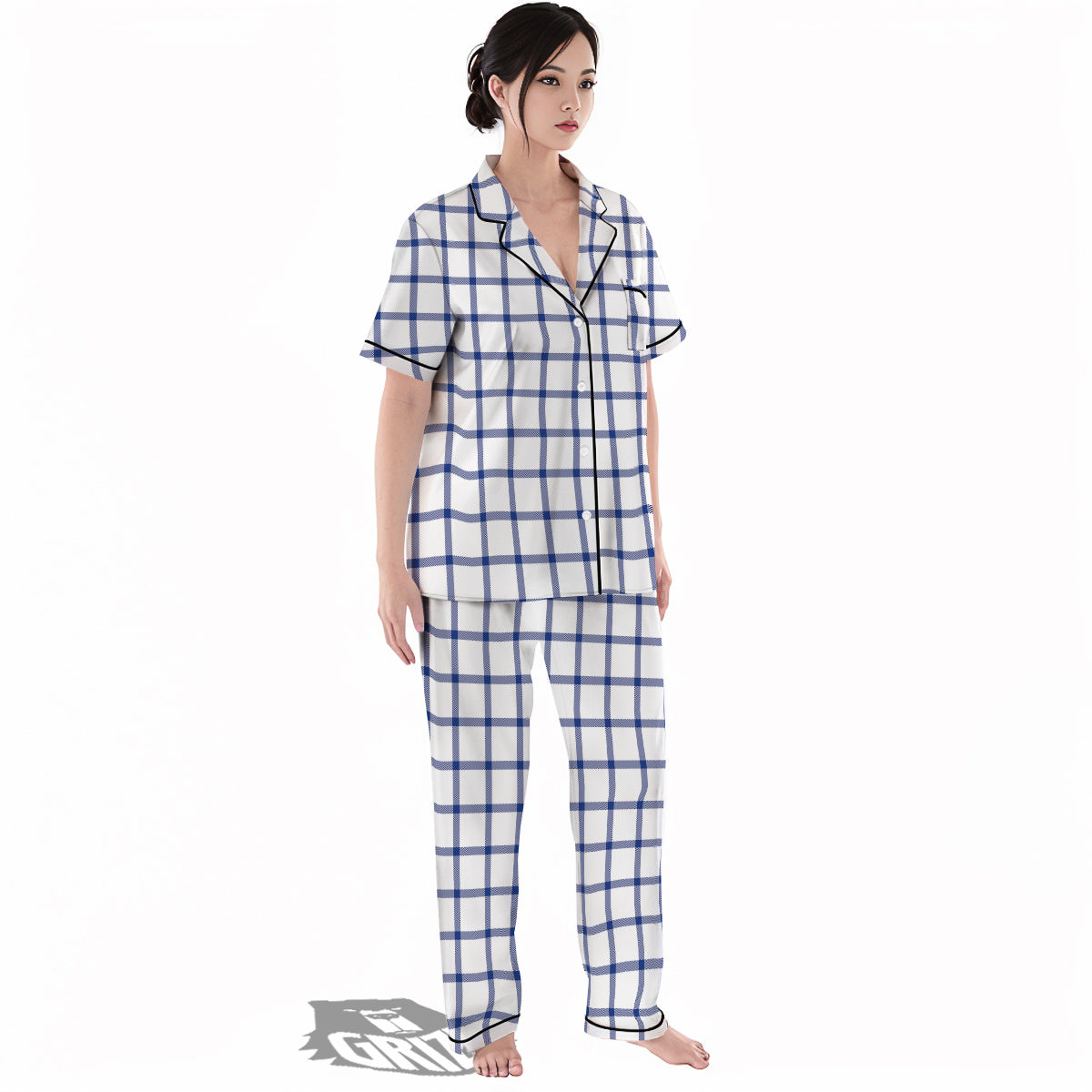 Tattersall Blue And White Print Pattern Women's Pajamas Set-grizzshop