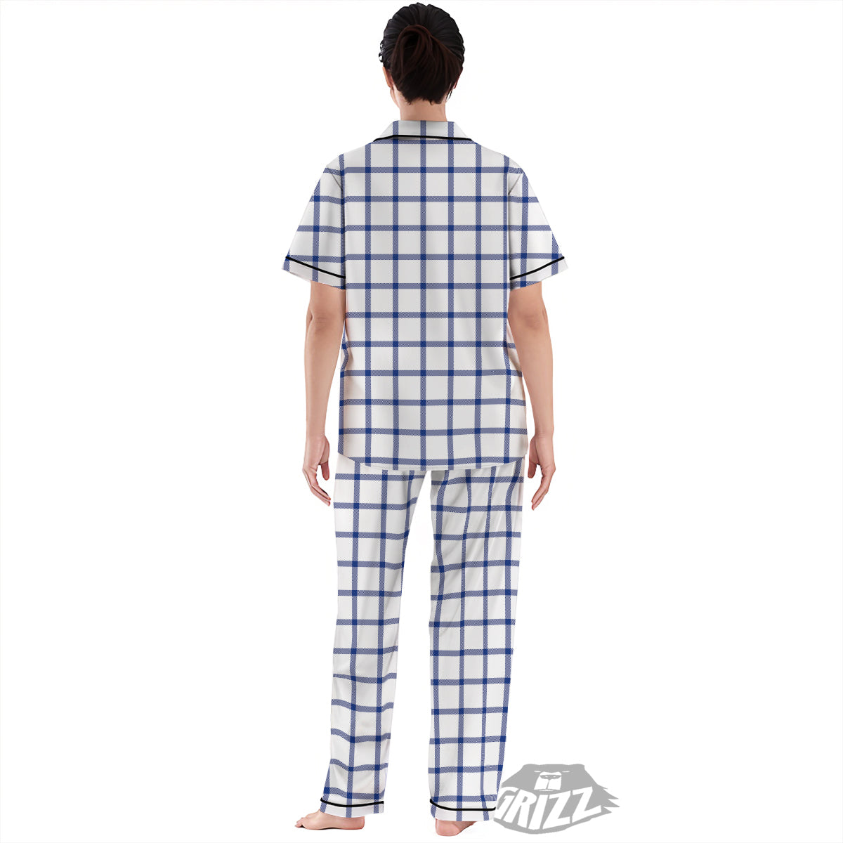 Tattersall Blue And White Print Pattern Women's Pajamas Set-grizzshop