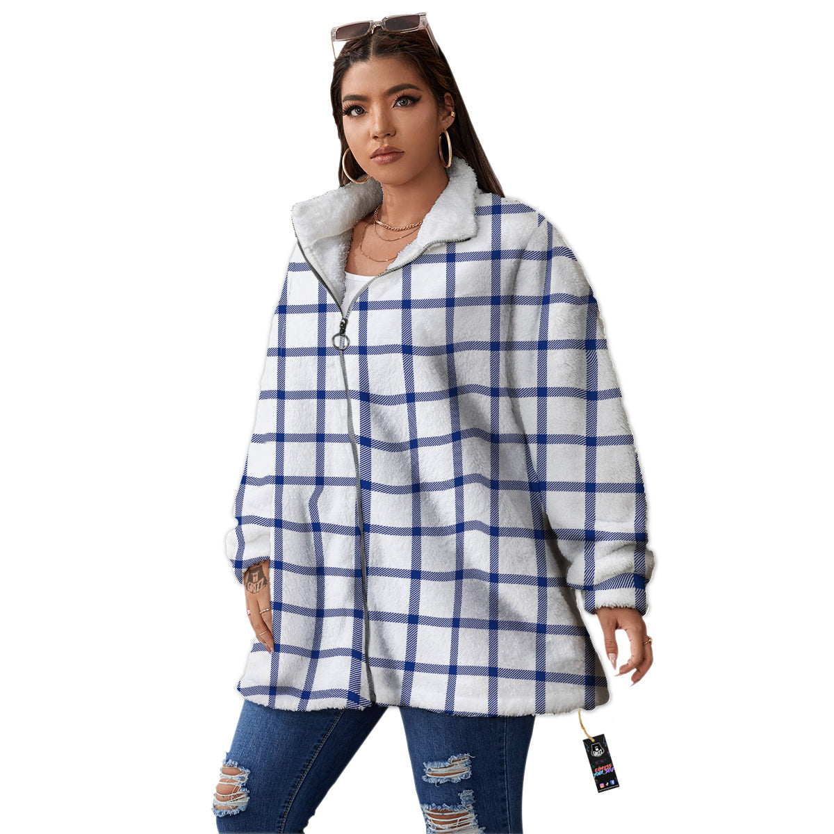 Tattersall Blue And White Print Pattern Women's Sherpa Jacket-grizzshop