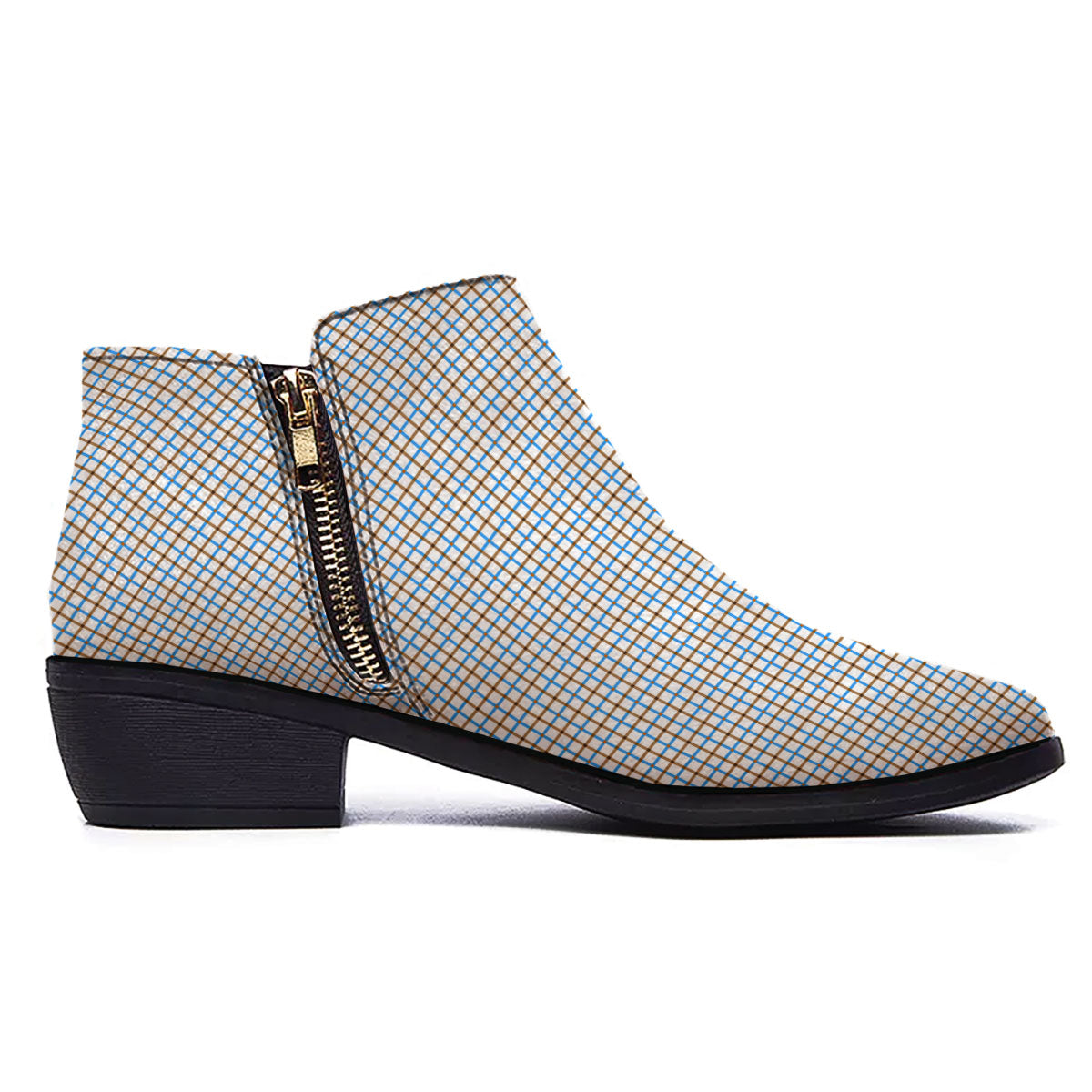 Tattersall Brown And Blue Print Pattern Ankle Boots-grizzshop