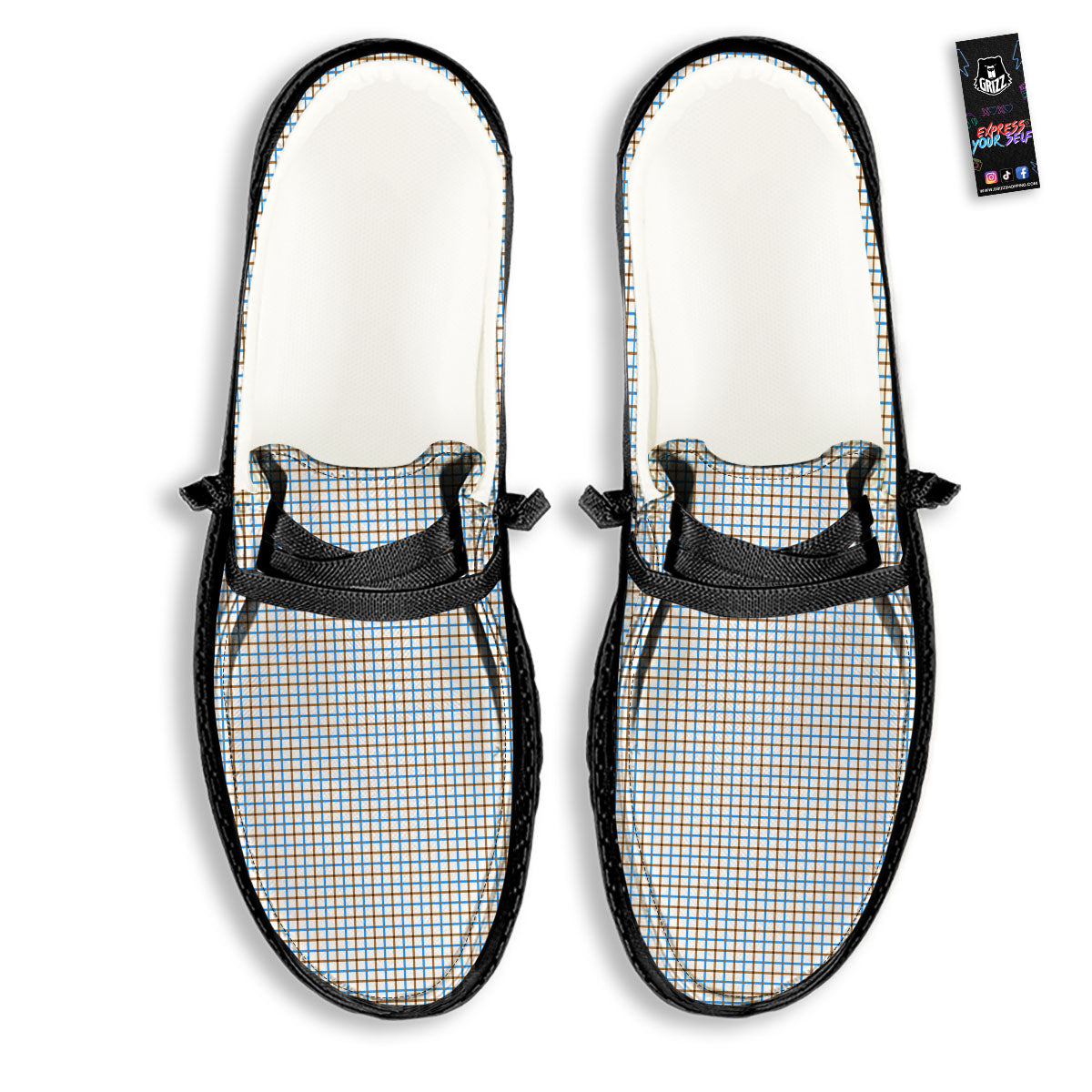 Tattersall Brown And Blue Print Pattern Black Loafers-grizzshop