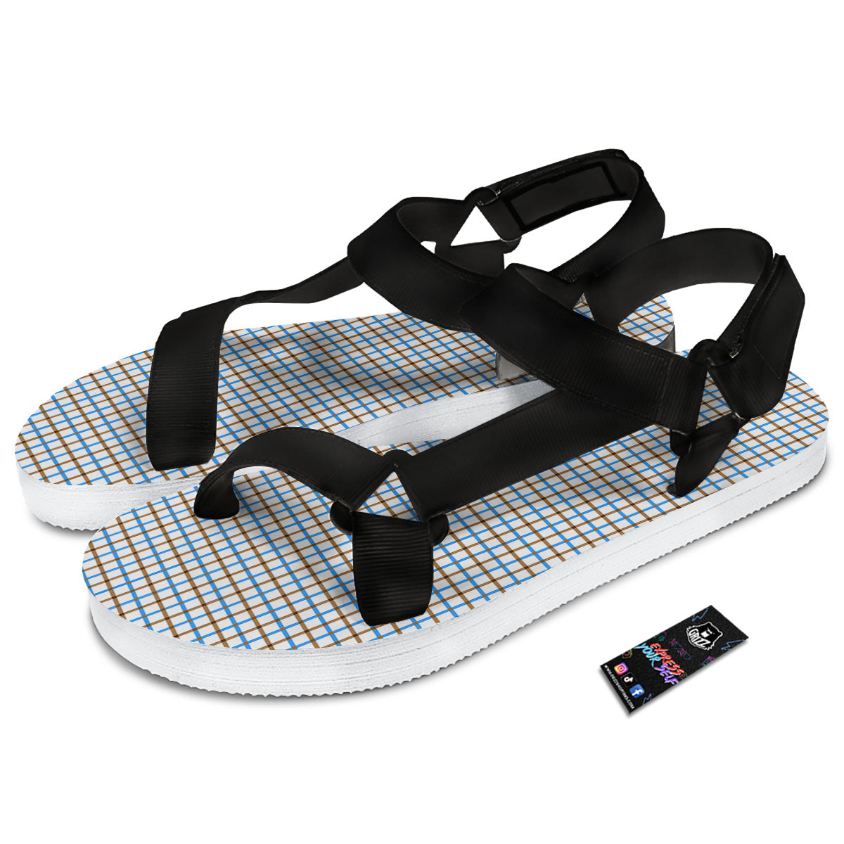 Tattersall Brown And Blue Print Pattern Black Open Toe Sandals-grizzshop