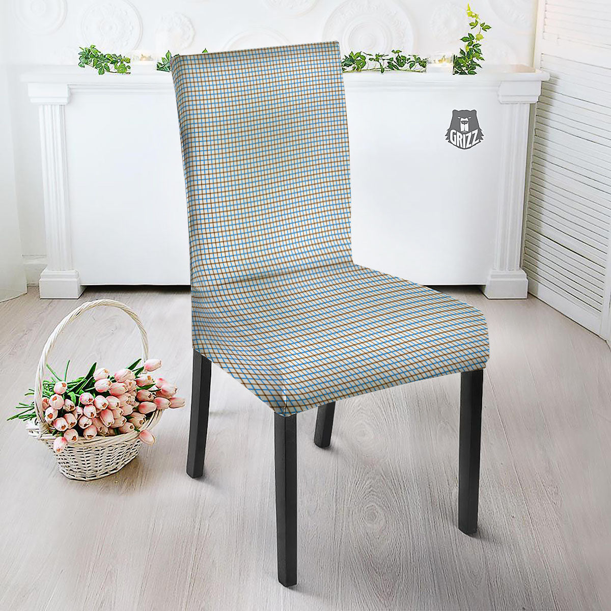 Tattersall Brown And Blue Print Pattern Dining Chair Slipcover-grizzshop