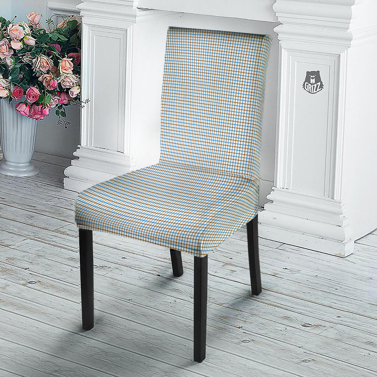 Tattersall Brown And Blue Print Pattern Dining Chair Slipcover-grizzshop