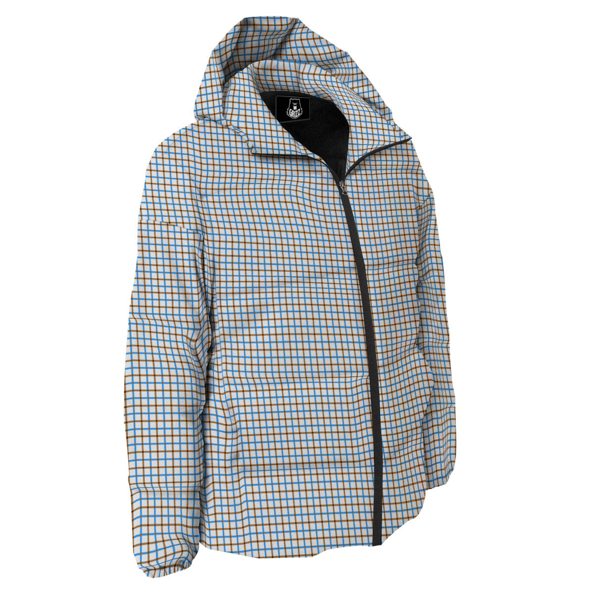 Tattersall Brown And Blue Print Pattern Down Jacket-grizzshop