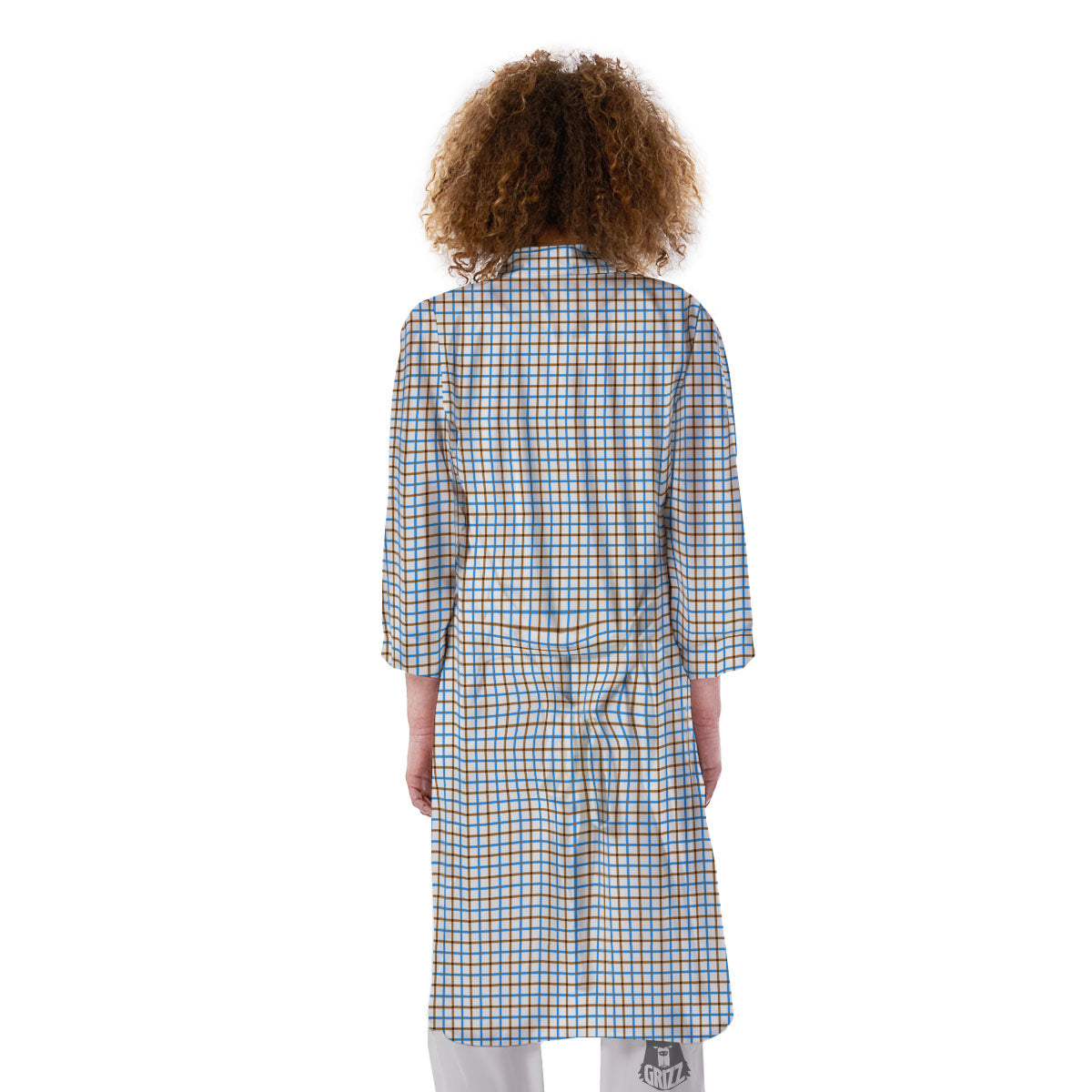 Tattersall Brown And Blue Print Pattern Kimono-grizzshop