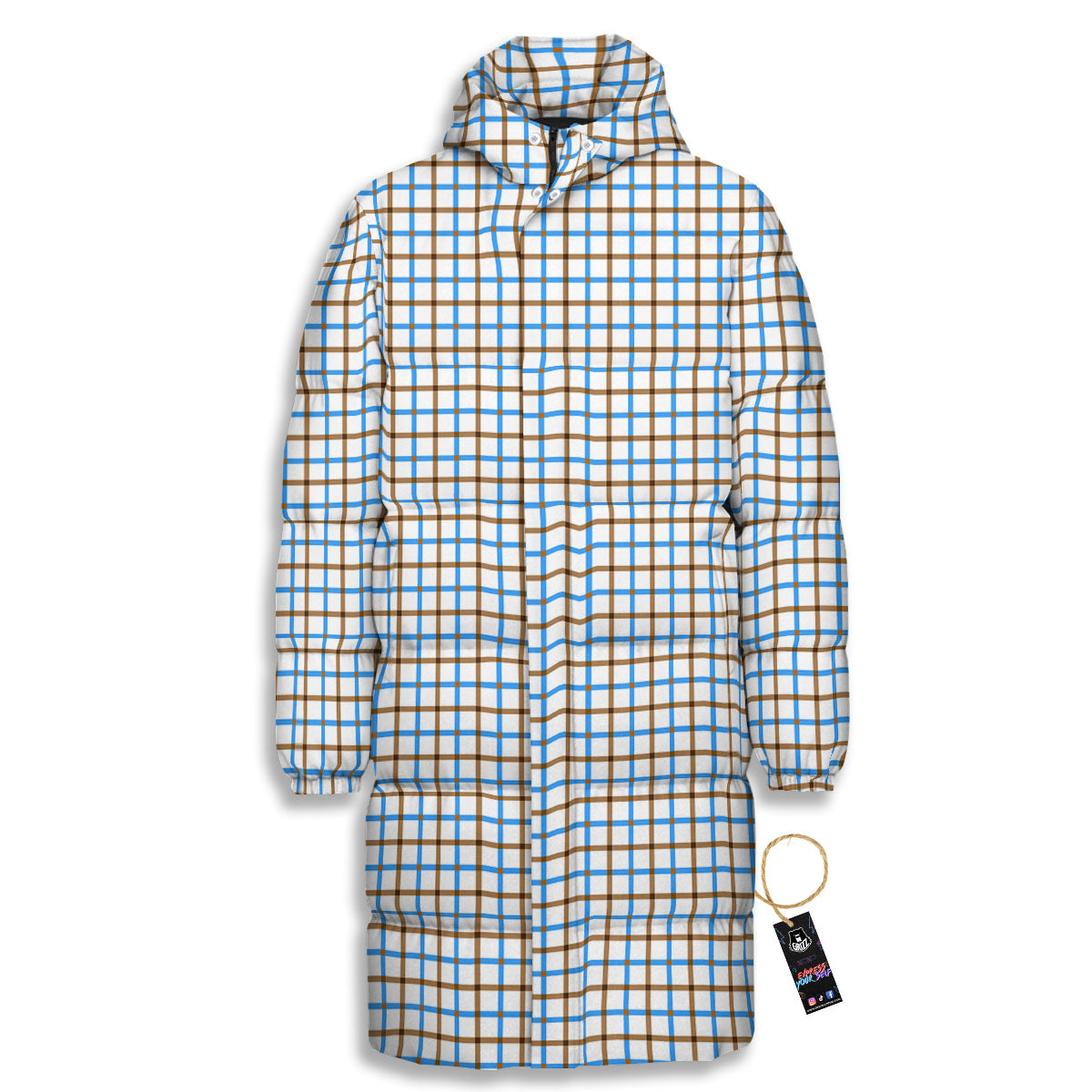 Tattersall Brown And Blue Print Pattern Long Down Jacket-grizzshop