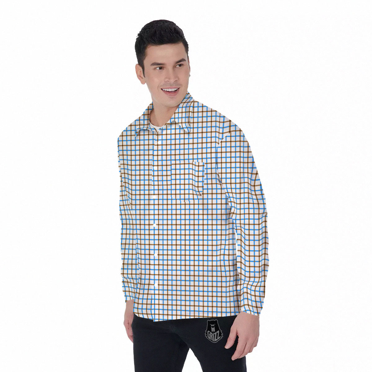 Tattersall Brown And Blue Print Pattern Men's Long Sleeve Shirts-grizzshop