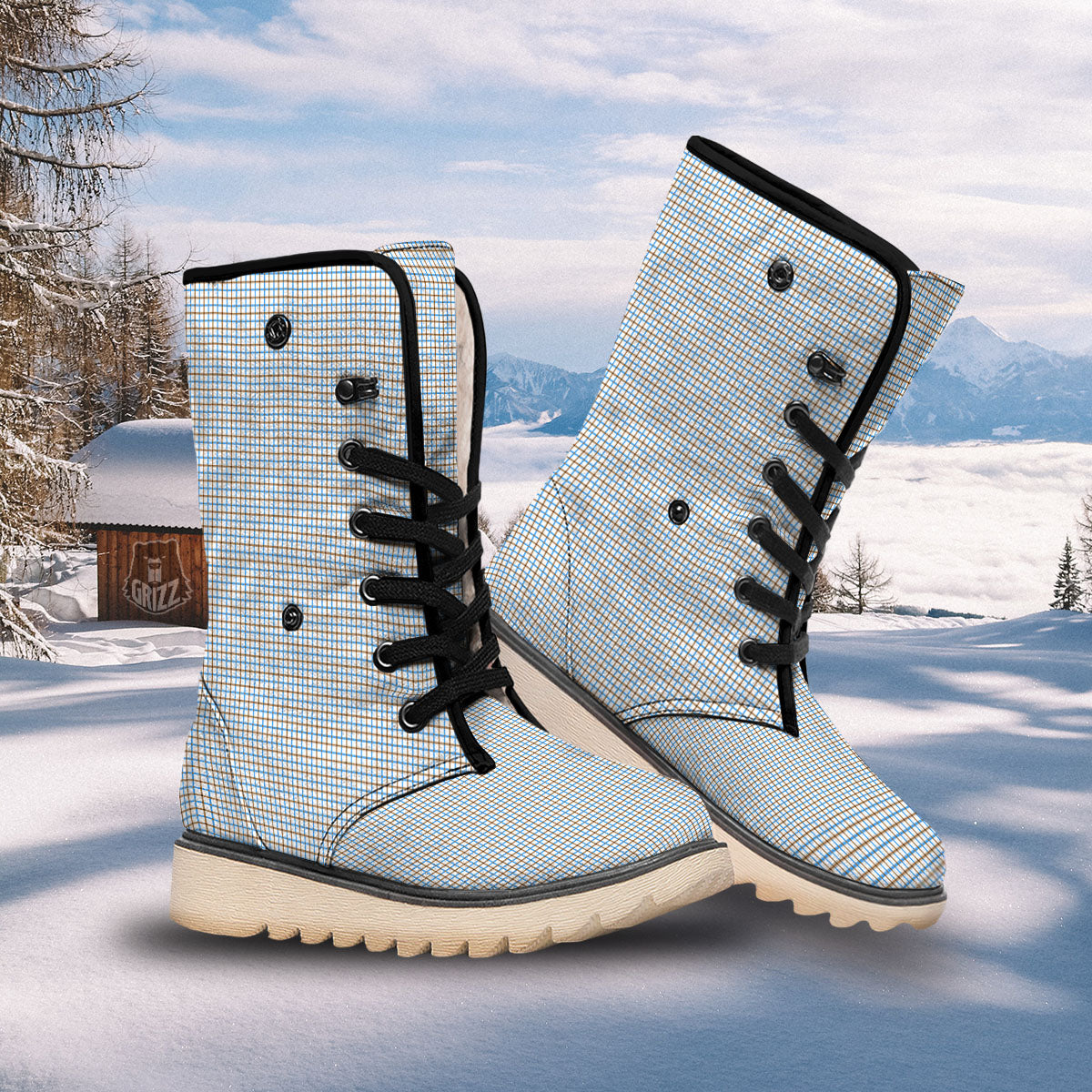 Tattersall Brown And Blue Print Pattern Snow Boots-grizzshop