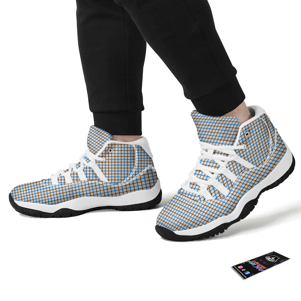 Tattersall Brown And Blue Print Pattern White Bball Shoes-grizzshop