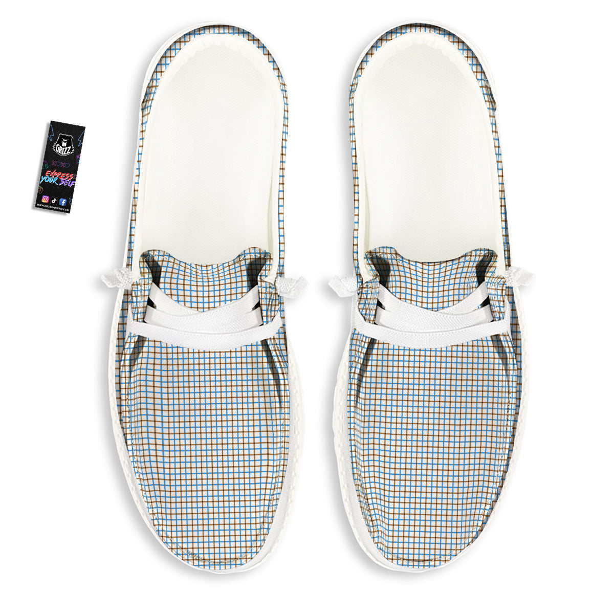 Tattersall Brown And Blue Print Pattern White Loafers-grizzshop