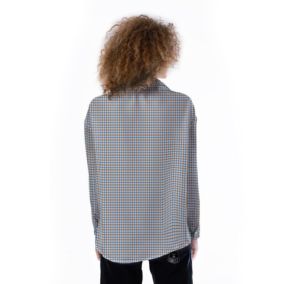 Tattersall Brown And Blue Print Pattern Women's Long Sleeve Shirts-grizzshop