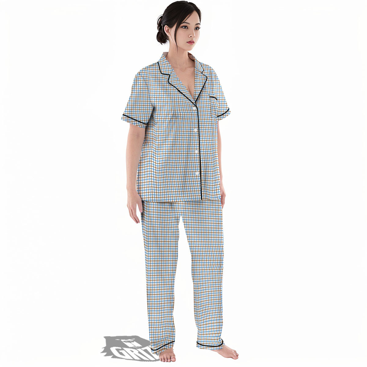 Tattersall Brown And Blue Print Pattern Women's Pajamas Set-grizzshop