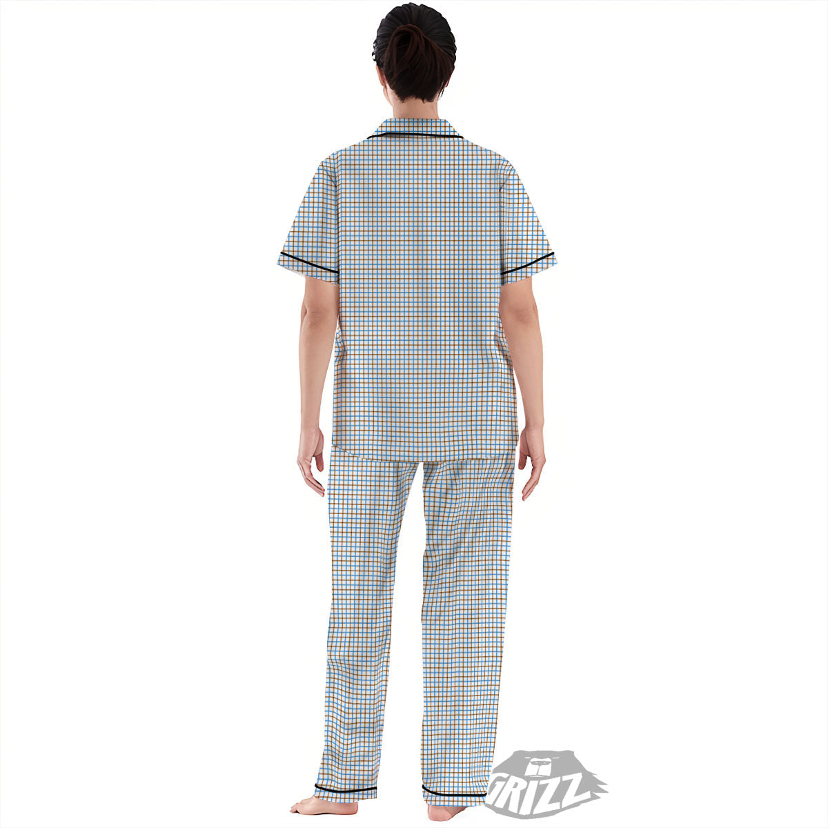 Tattersall Brown And Blue Print Pattern Women's Pajamas Set-grizzshop