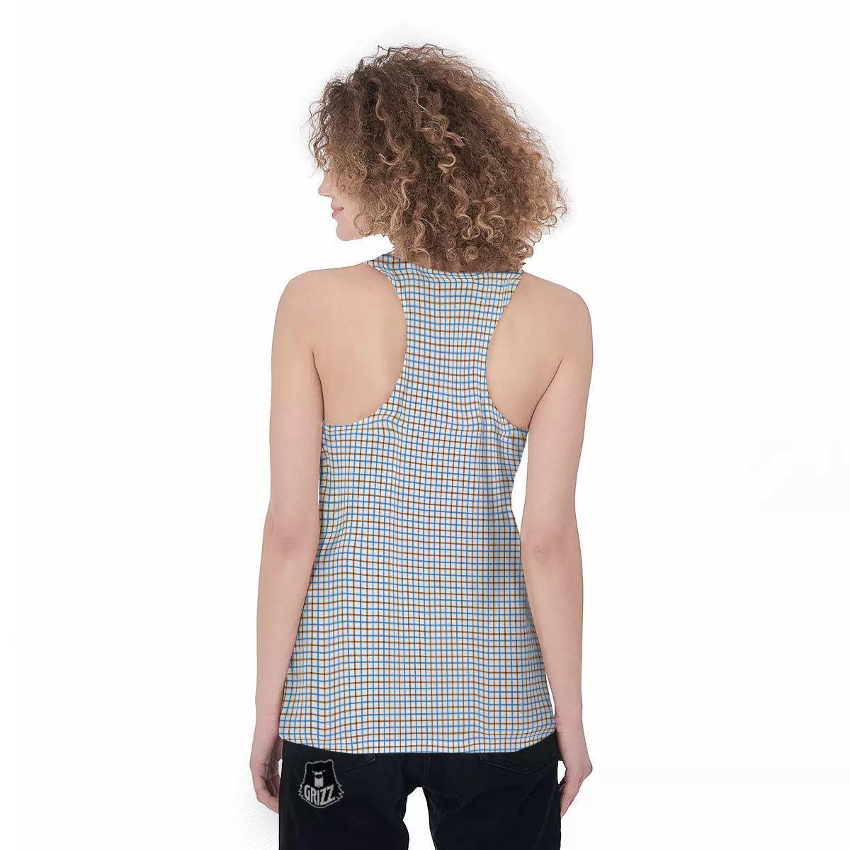 Tattersall Brown And Blue Print Pattern Women's Racerback Tank Top-grizzshop