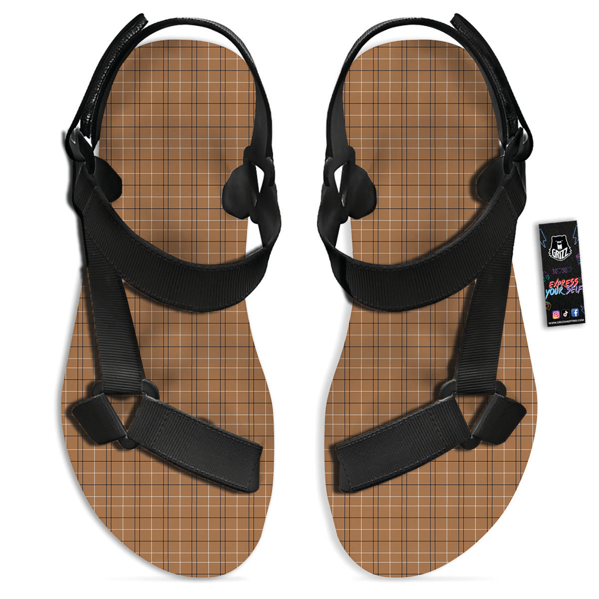 Tattersall Brown Print Pattern Black Open Toe Sandals-grizzshop