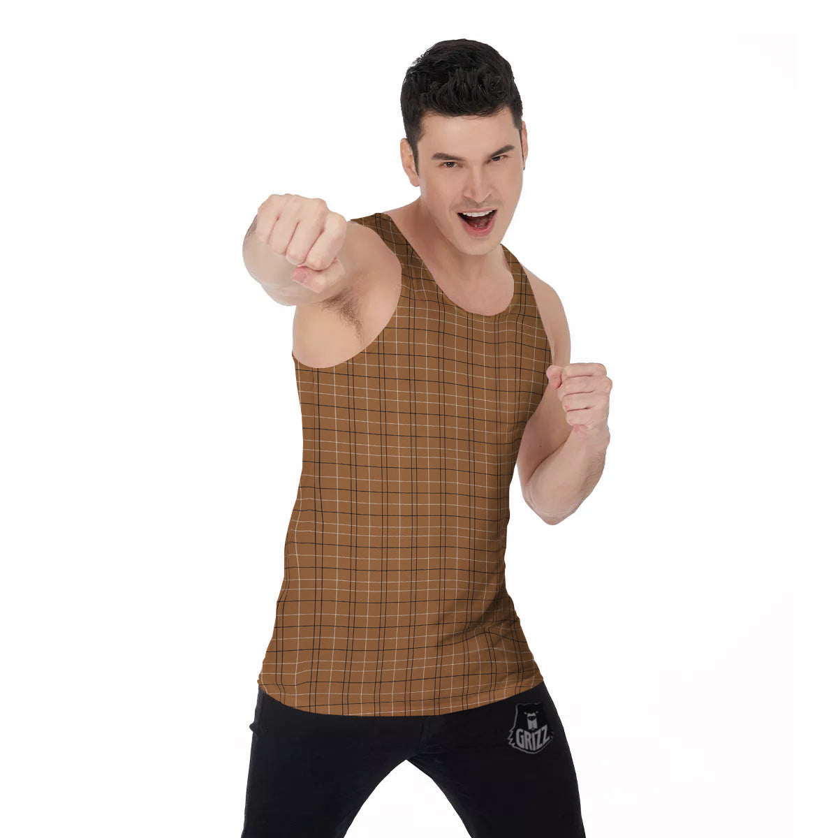 Tattersall Brown Print Pattern Men's Tank Top-grizzshop