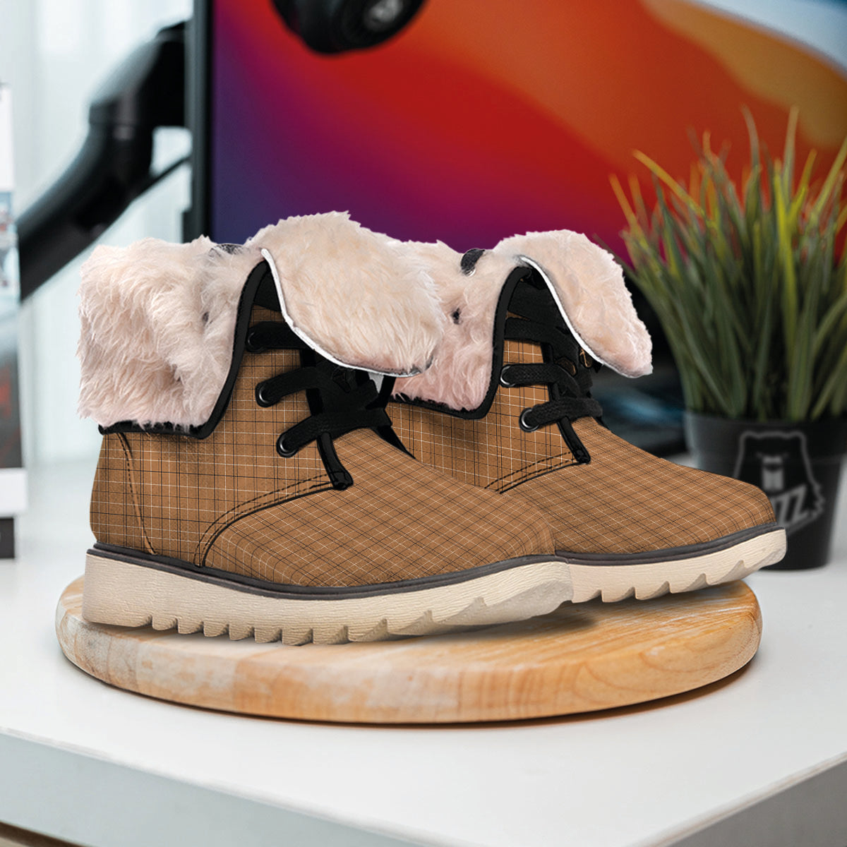 Tattersall Brown Print Pattern Snow Boots-grizzshop