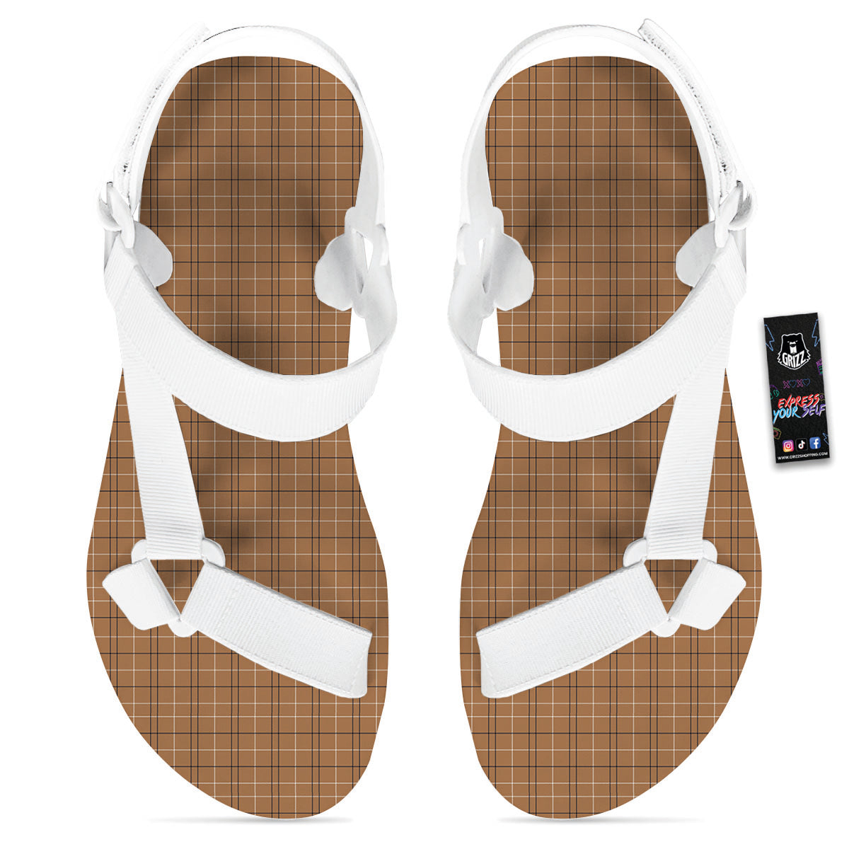 Tattersall Brown Print Pattern White Open Toe Sandals-grizzshop