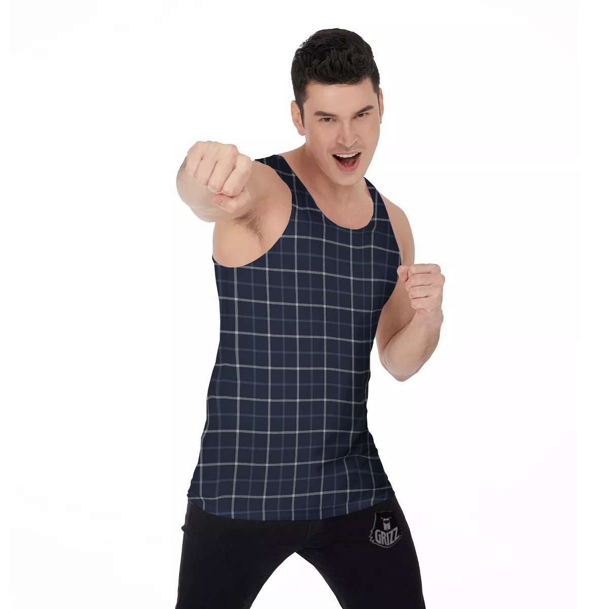 Tattersall Dark Blue Print Pattern Men's Tank Top-grizzshop