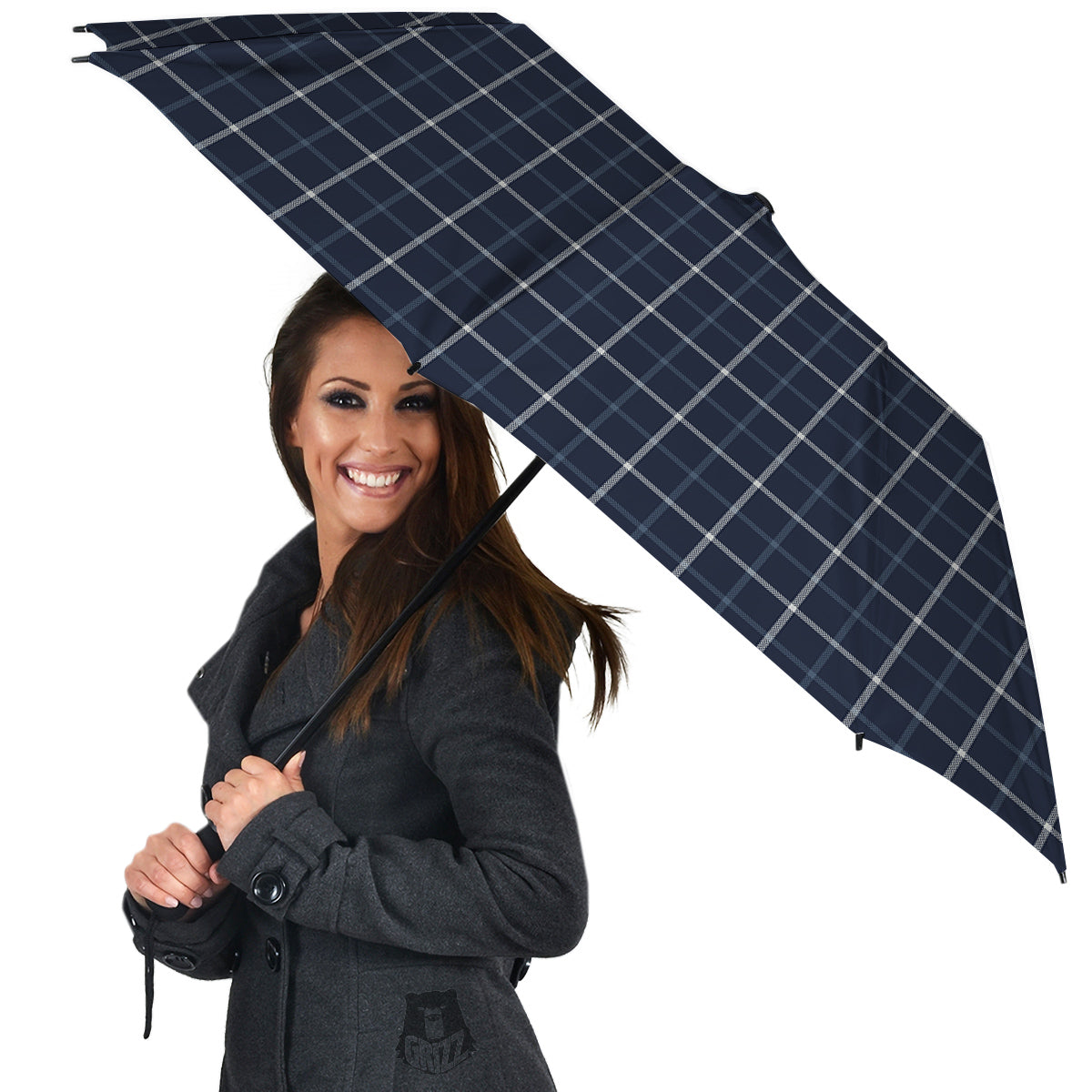 Tattersall Dark Blue Print Pattern Umbrella-grizzshop