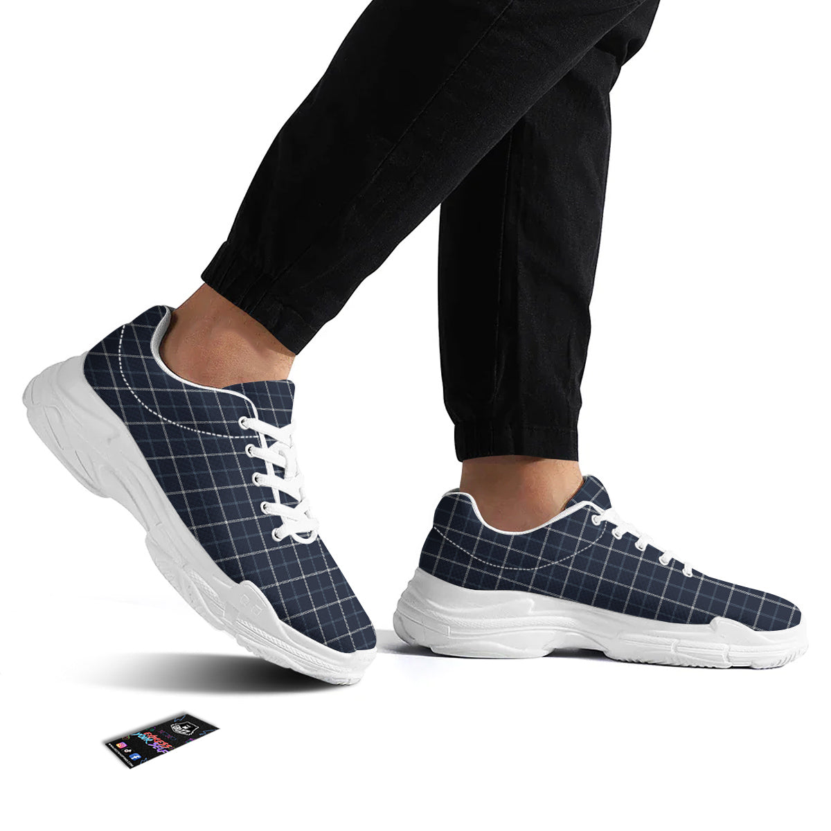Tattersall Dark Blue Print Pattern White Chunky Shoes-grizzshop