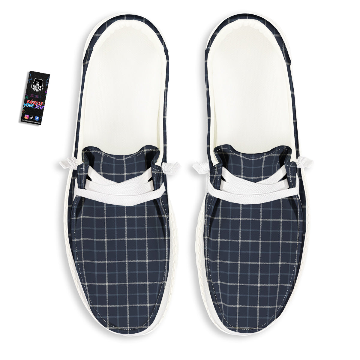 Tattersall Dark Blue Print Pattern White Loafers-grizzshop