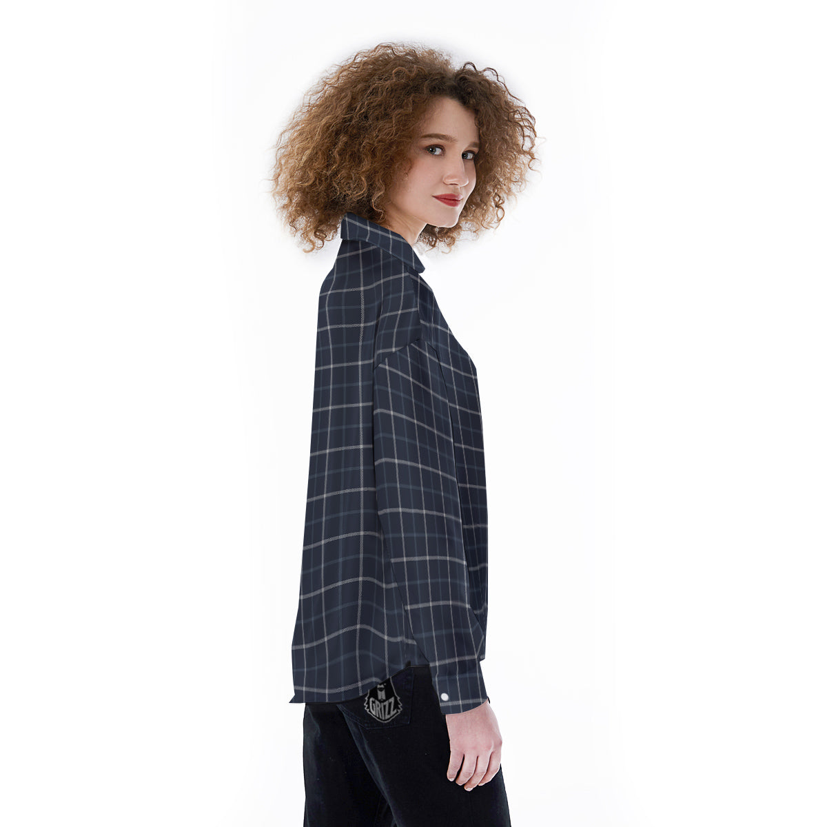 Tattersall Dark Blue Print Pattern Women's Long Sleeve Shirts-grizzshop