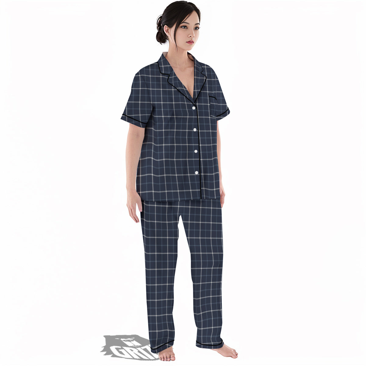 Tattersall Dark Blue Print Pattern Women's Pajamas Set-grizzshop