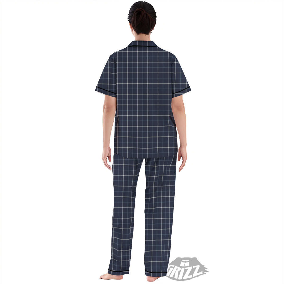 Tattersall Dark Blue Print Pattern Women's Pajamas Set-grizzshop