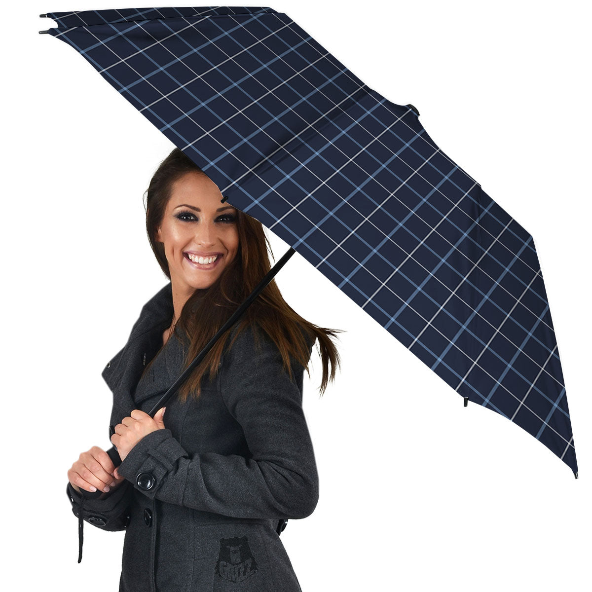 Tattersall Deep Blue Print Pattern Umbrella-grizzshop
