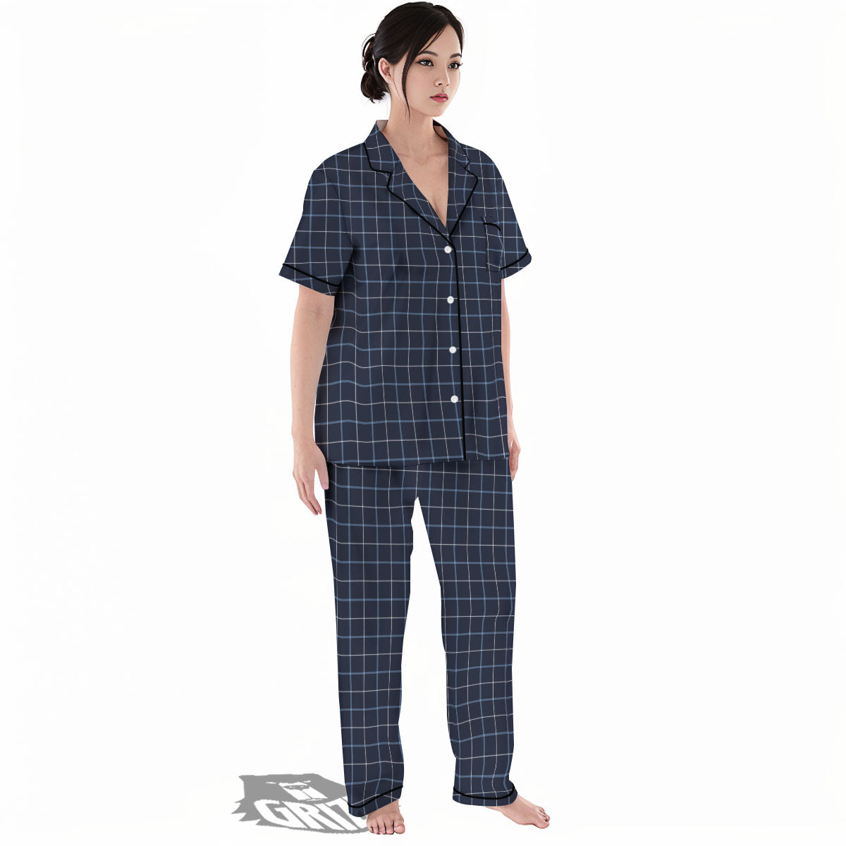 Tattersall Deep Blue Print Pattern Women's Pajamas Set-grizzshop
