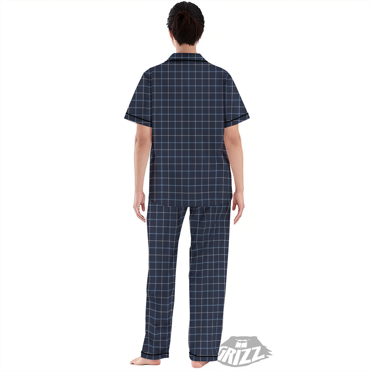 Tattersall Deep Blue Print Pattern Women's Pajamas Set-grizzshop