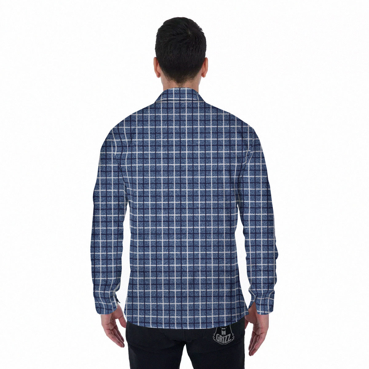 Tattersall Denim Print Pattern Men's Long Sleeve Shirts-grizzshop