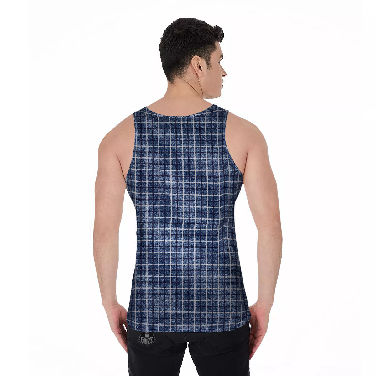 Tattersall Denim Print Pattern Men's Tank Top-grizzshop