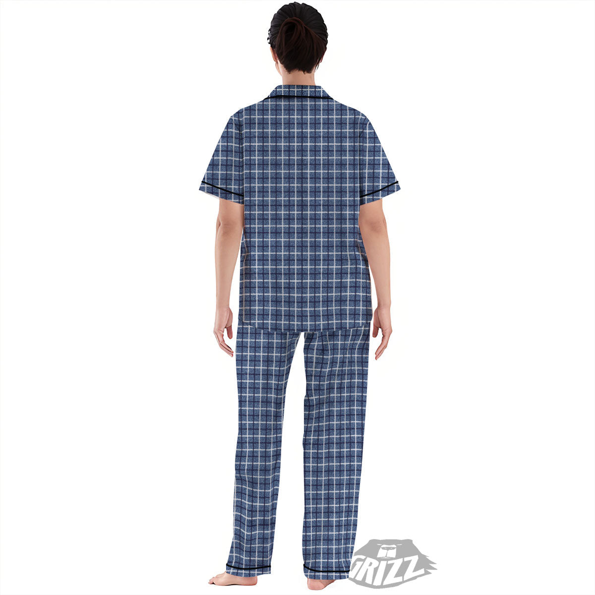 Tattersall Denim Print Pattern Women's Pajamas Set-grizzshop
