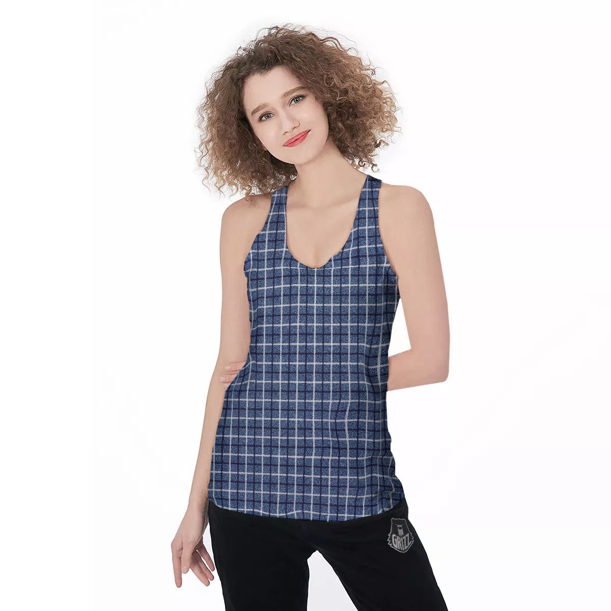 Tattersall Denim Print Pattern Women's Racerback Tank Top-grizzshop