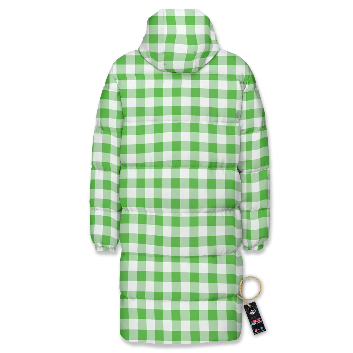 Tattersall Green Print Pattern Long Down Jacket-grizzshop