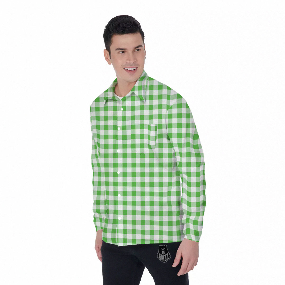 Tattersall Green Print Pattern Men's Long Sleeve Shirts-grizzshop