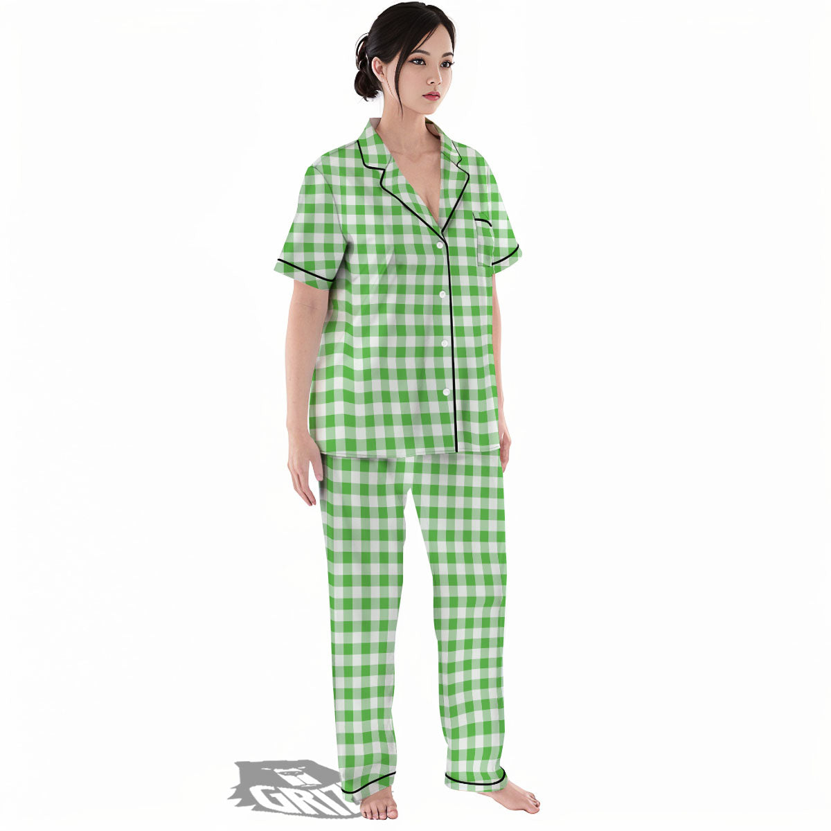 Tattersall Green Print Pattern Women's Pajamas Set-grizzshop