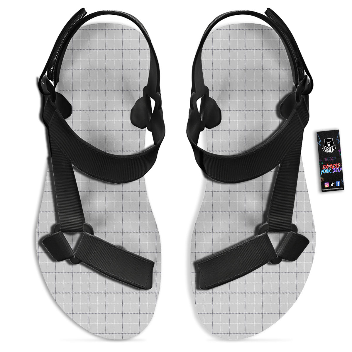 Tattersall Grey Print Pattern Black Open Toe Sandals-grizzshop